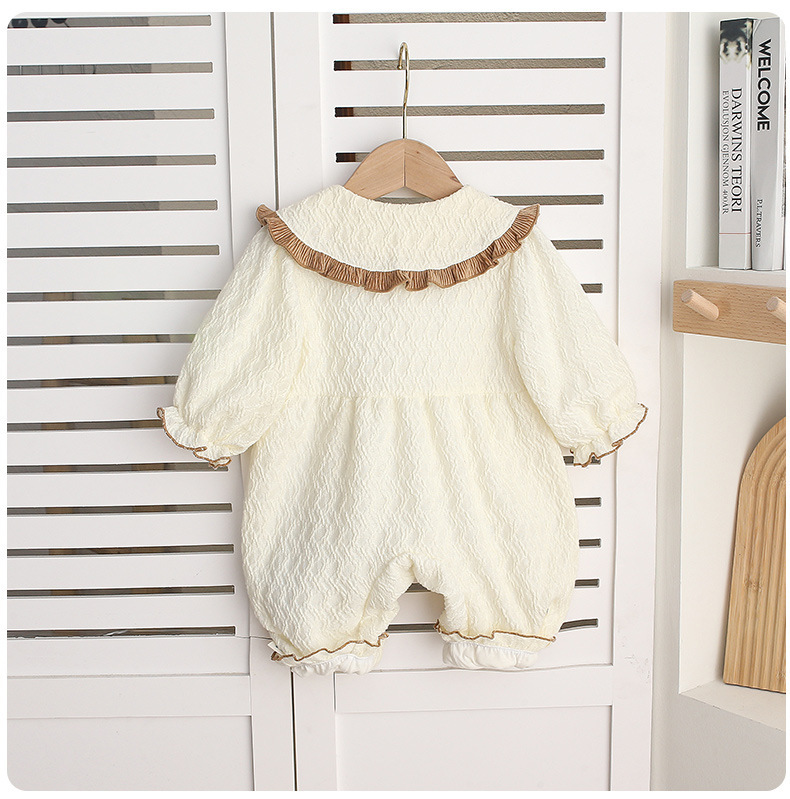 Baby Girl Brown Trimmed Collar and Bow Embroidery Romper