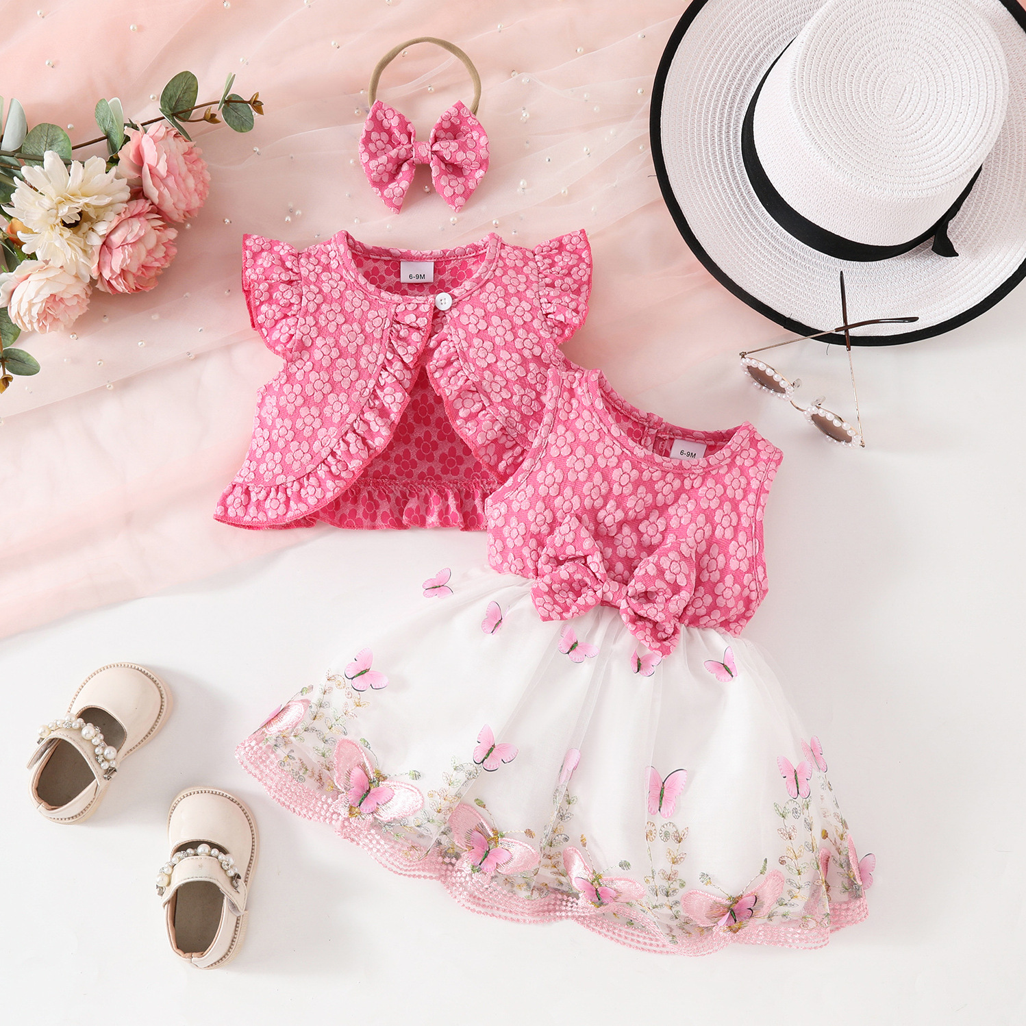 2pcs Baby Girl Ruffled Top Butterfly Mesh  Dress Set with Hairband