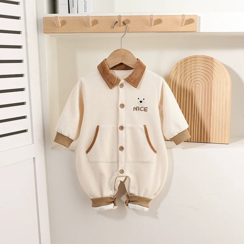 Brown Collar and "NICE" Embro idery Corduroy Romper