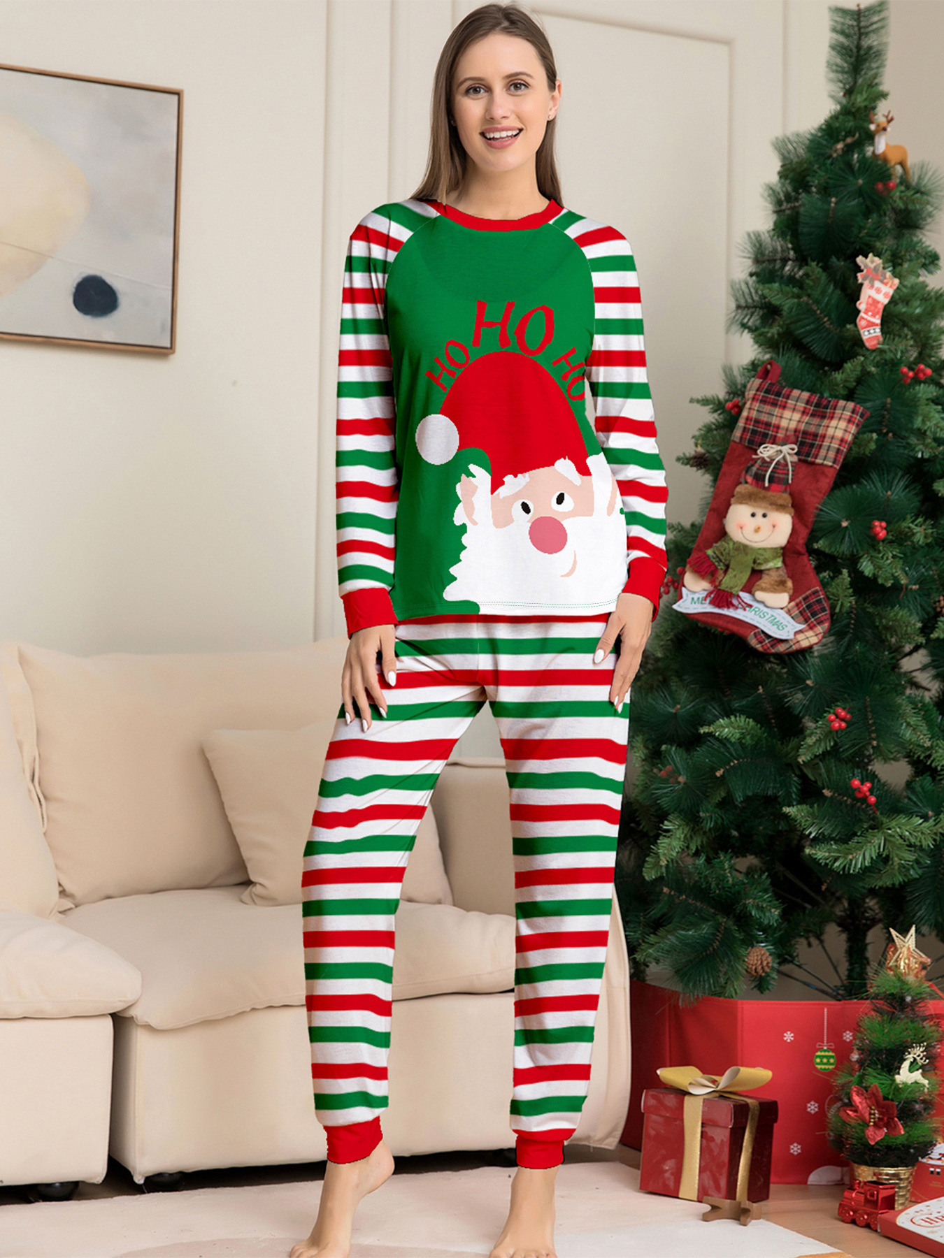 Matching Christmas Pajamas Santa Stripe Long-sleeve Pajamas Sets