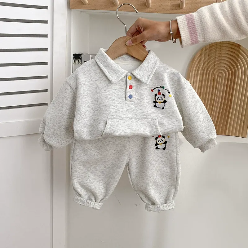 2pcs Panda Embroidered Polo Hoodie and Pants Set