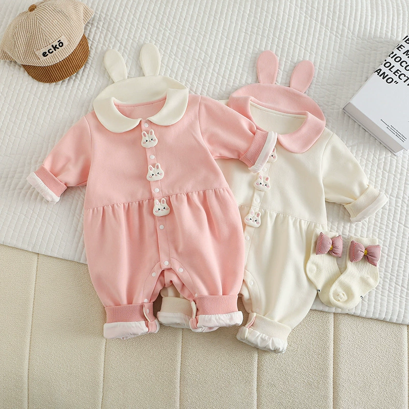 Baby Girl Bunny Themed with Rabbit Shaped Buttons  Rompers