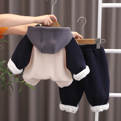 2pcs Toddler Boy Color Block Hooded Top and Pant Set