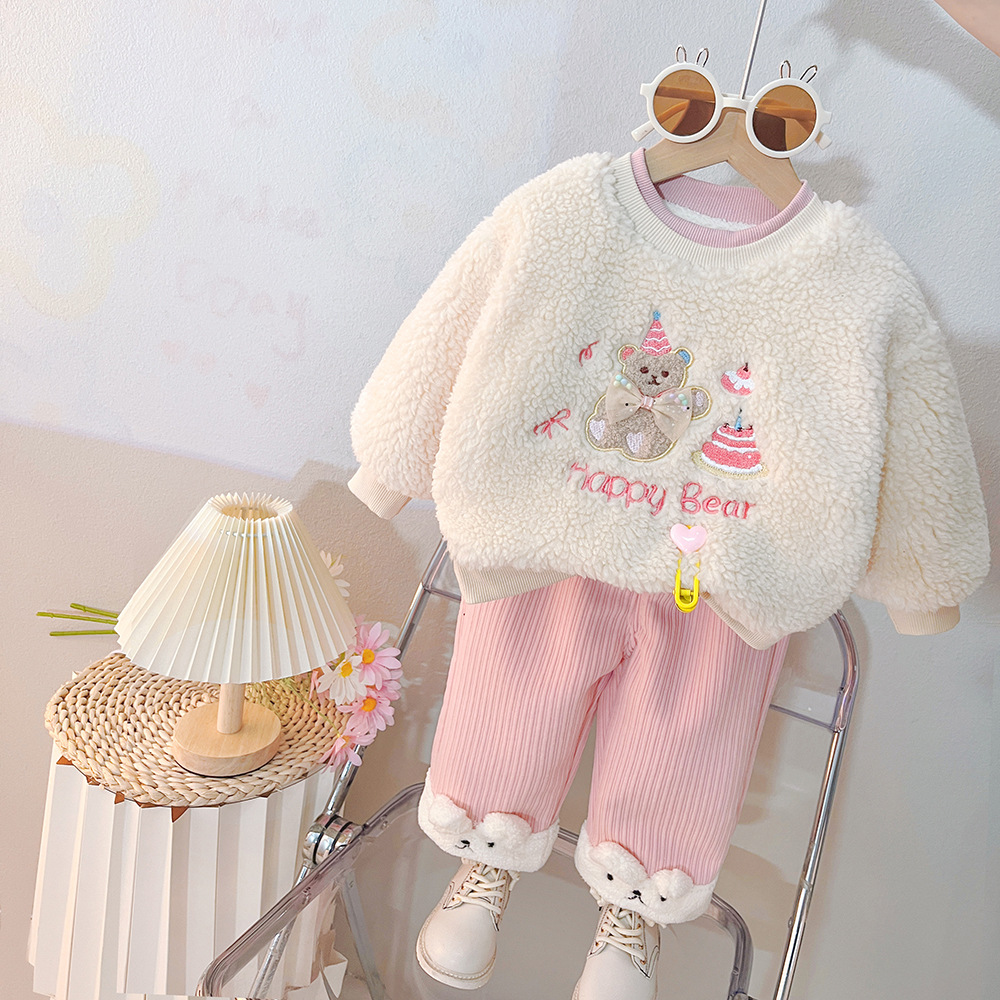 2pcs Toddler Gril Fluff Bear Top and Pant Set