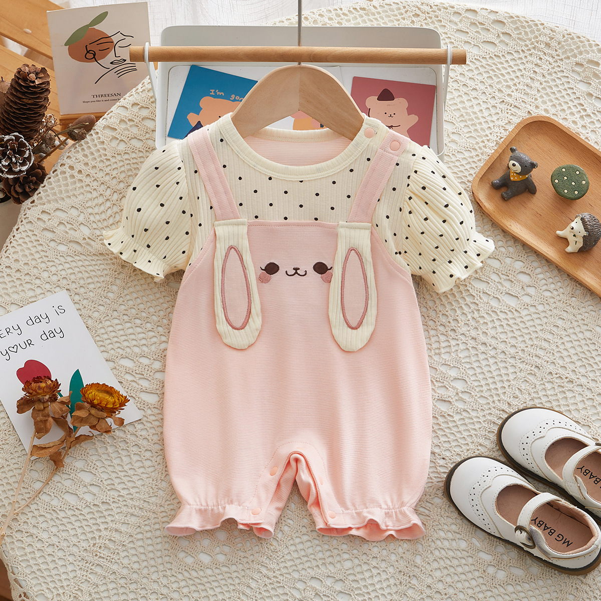 Fake Two-piece with Bunny Ear Straps Polka Dot Sleeves Romper