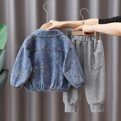 3pcs Toddler Boy Denim Bunny Print Top and Pant Set