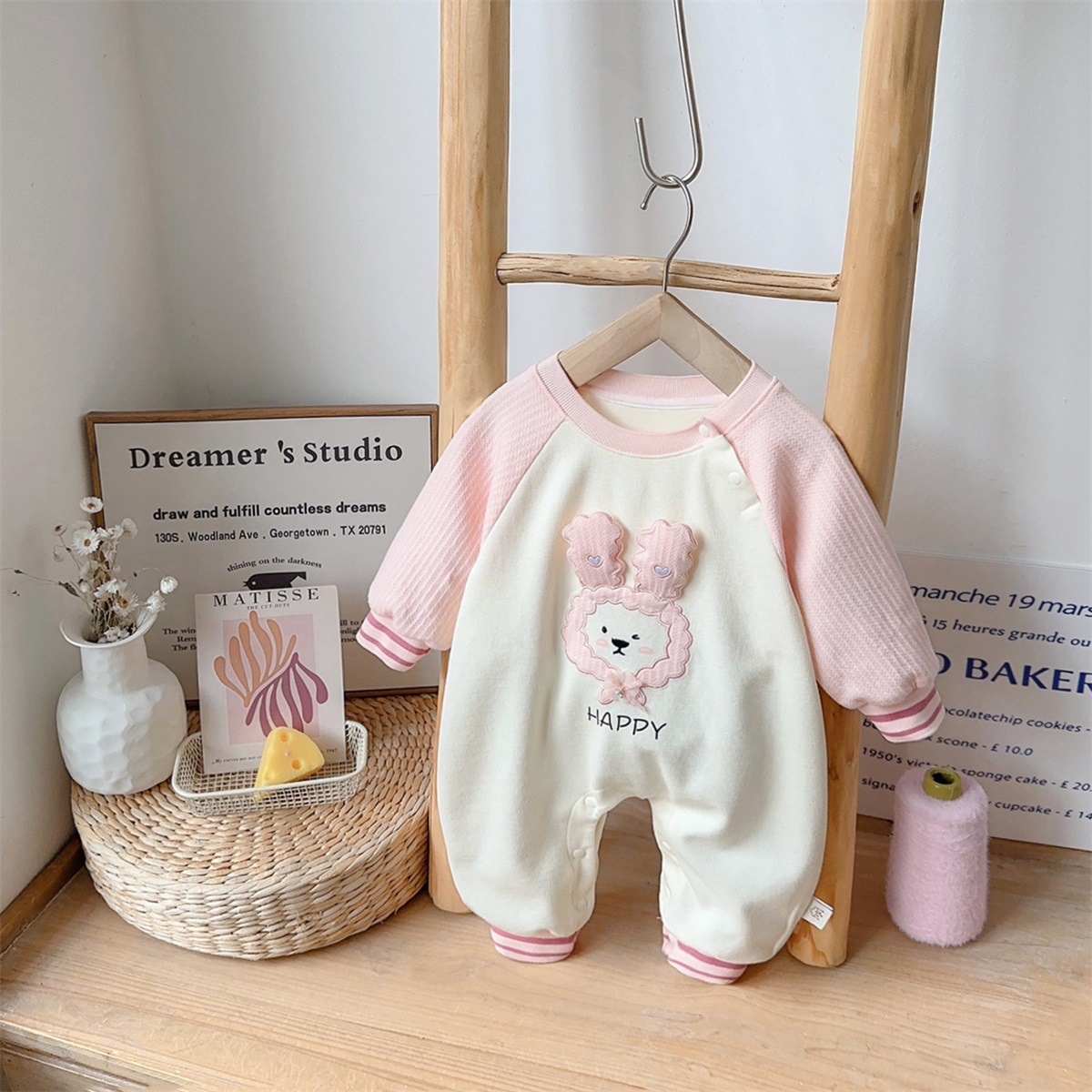 Bunny Face Design and “HAPPY”Text Pink and Cream Romper