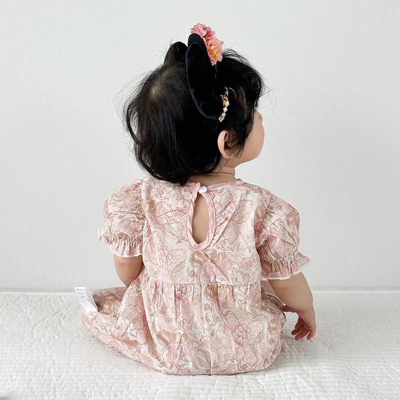 Floral Patterned Puffed Sleeves and Tassel Decoration Baby Romper
