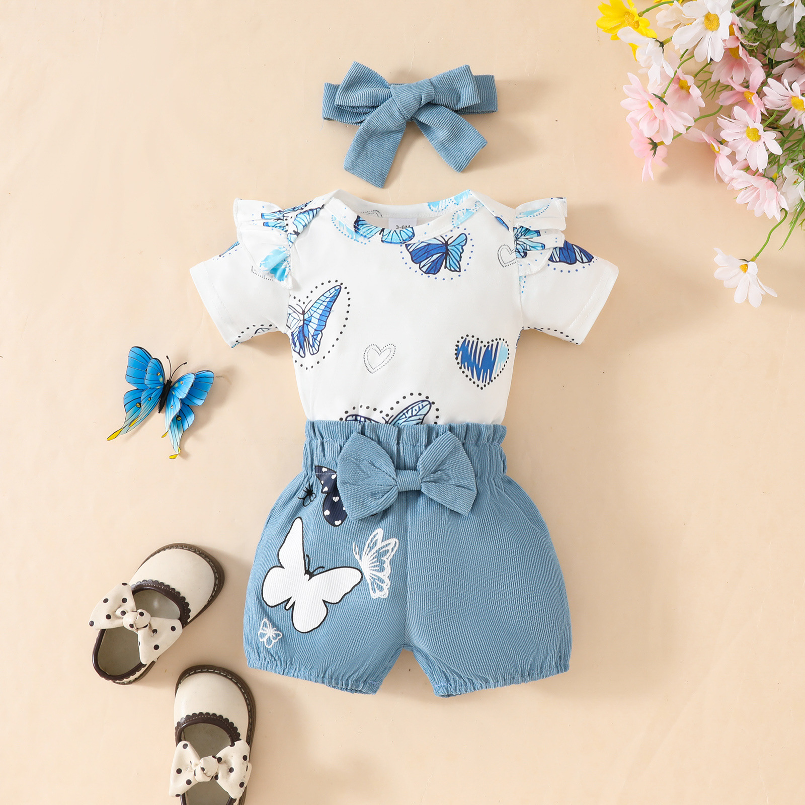 2pcs Baby Girl Butterfly Printed Bodysuit and Short Pant Set with Hairband