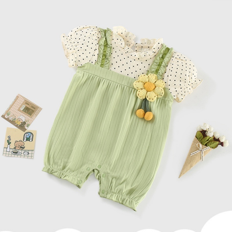 Polka Dot Top Green Suspenders Fake Two-piece Baby Romper