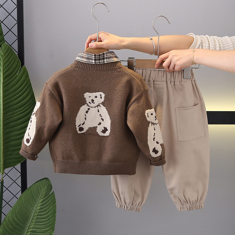 3pcs Toddler Boy Bear Printed Top and Pant Set