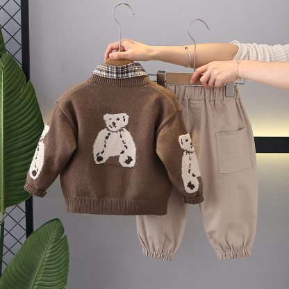 3pcs Toddler Boy Bear Printed Top and Pant Set