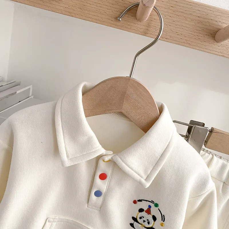 2pcs Panda Embroidered Polo Hoodie and Pants Set