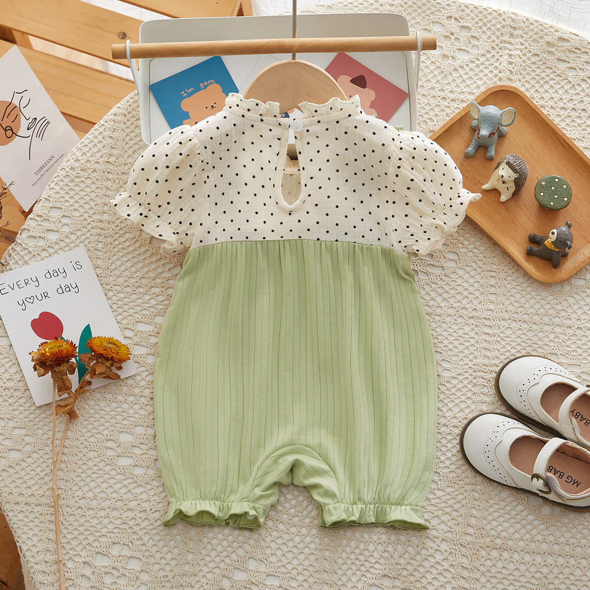 Polka Dot Top Green Suspenders Fake Two-piece Baby Romper
