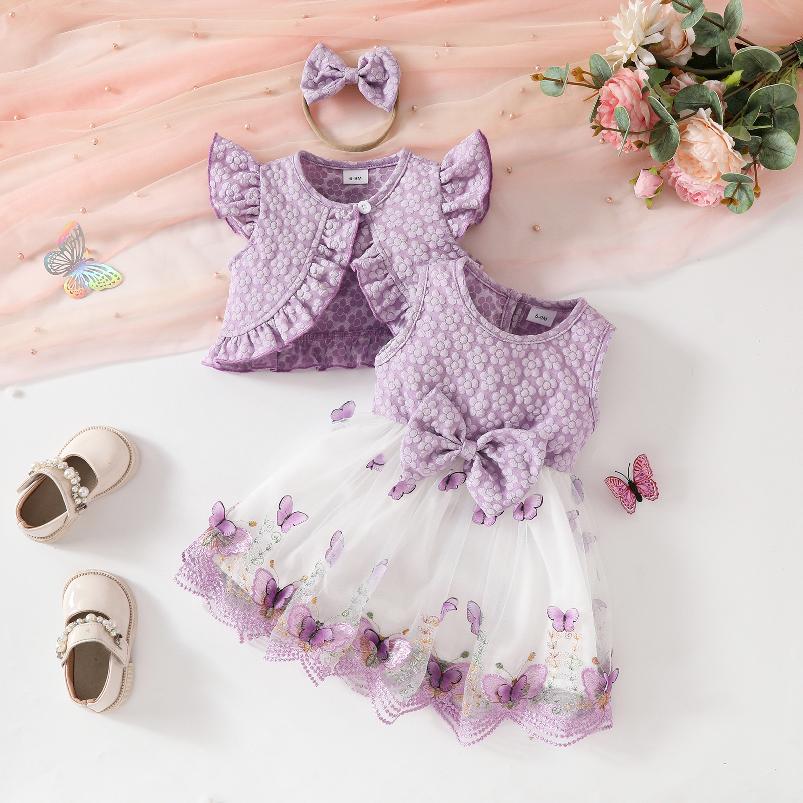 2pcs Baby Girl Ruffled Top Butterfly Mesh  Dress Set with Hairband