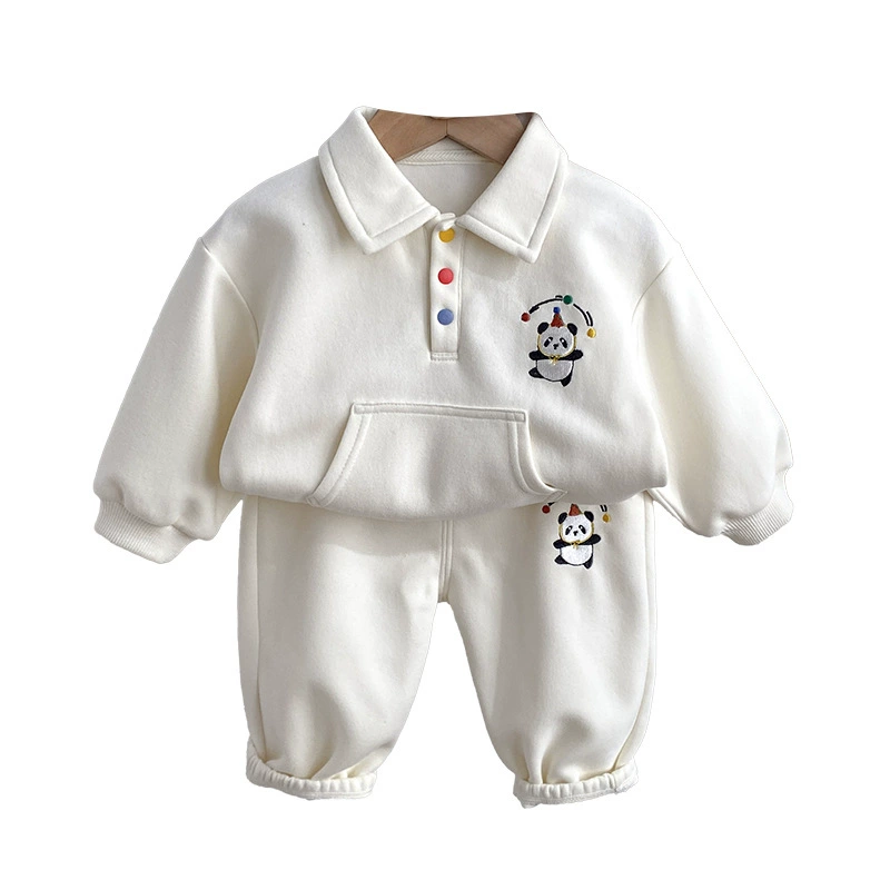 2pcs Panda Embroidered Polo Hoodie and Pants Set