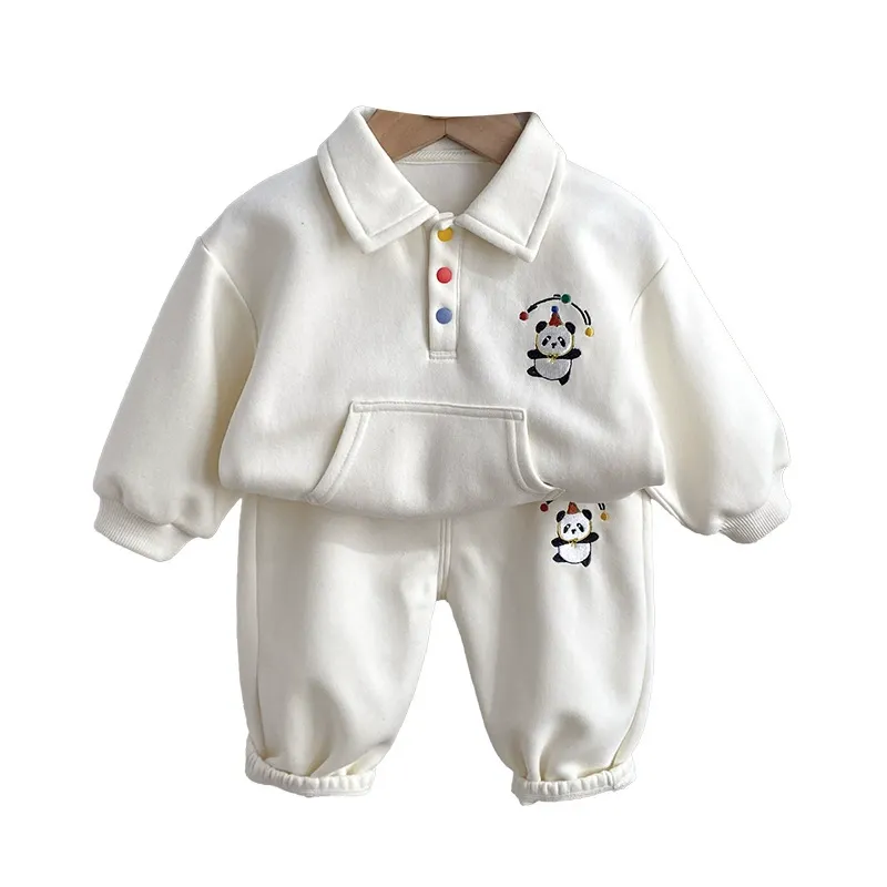 2pcs Panda Embroidered Polo Hoodie and Pants Set
