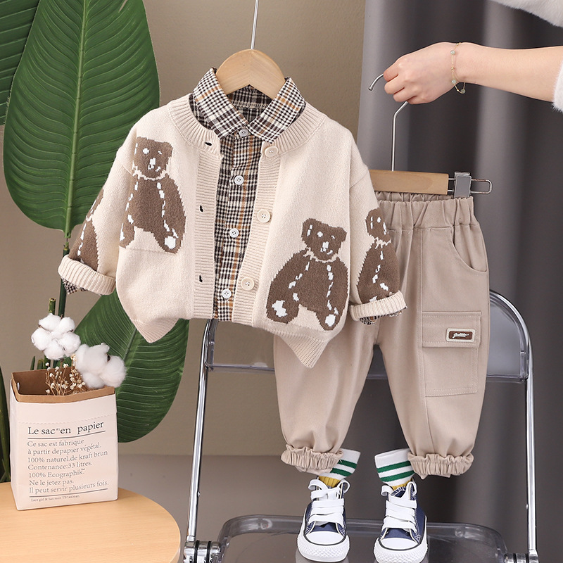3pcs Toddler Boy Bear Printed Top and Pant Set