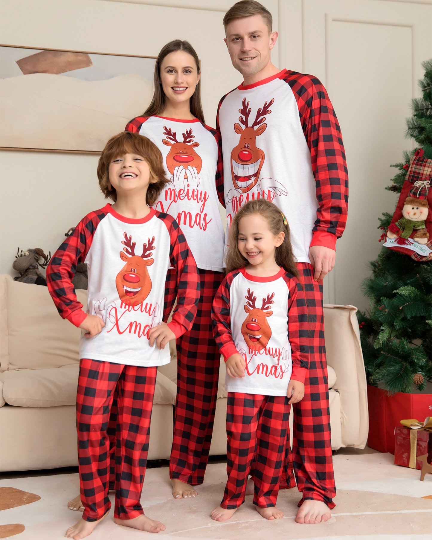 Matching Christmas Pajamas Deer Plaid Long-sleeve Pajamas Sets