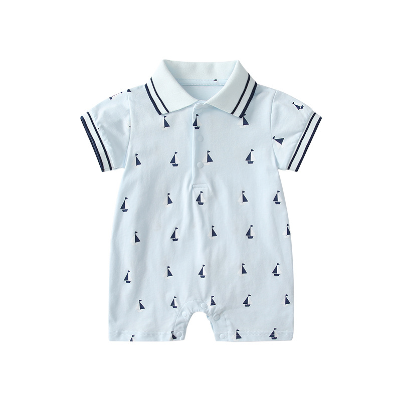 Sailor Collar and Sailboat Print Short-sleeved Baby Romper