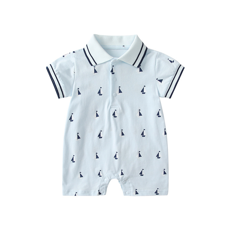 Sailor Collar and Sailboat Print Short-sleeved Baby Romper