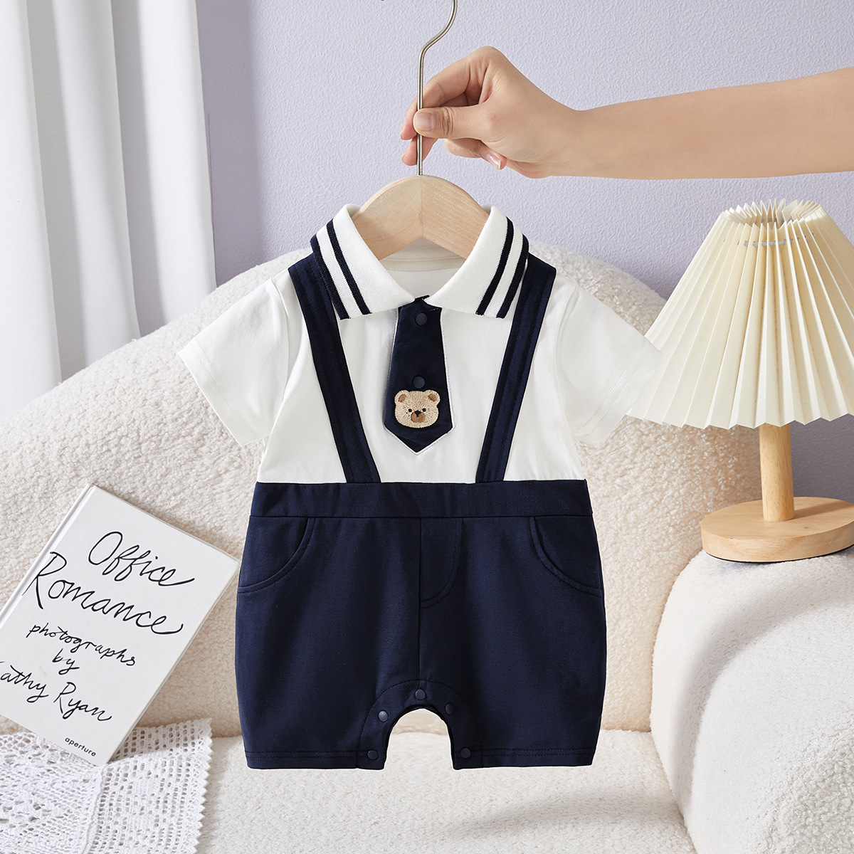 Sailor Collar Suspenders and Teddy Bear Tie Baby Romper