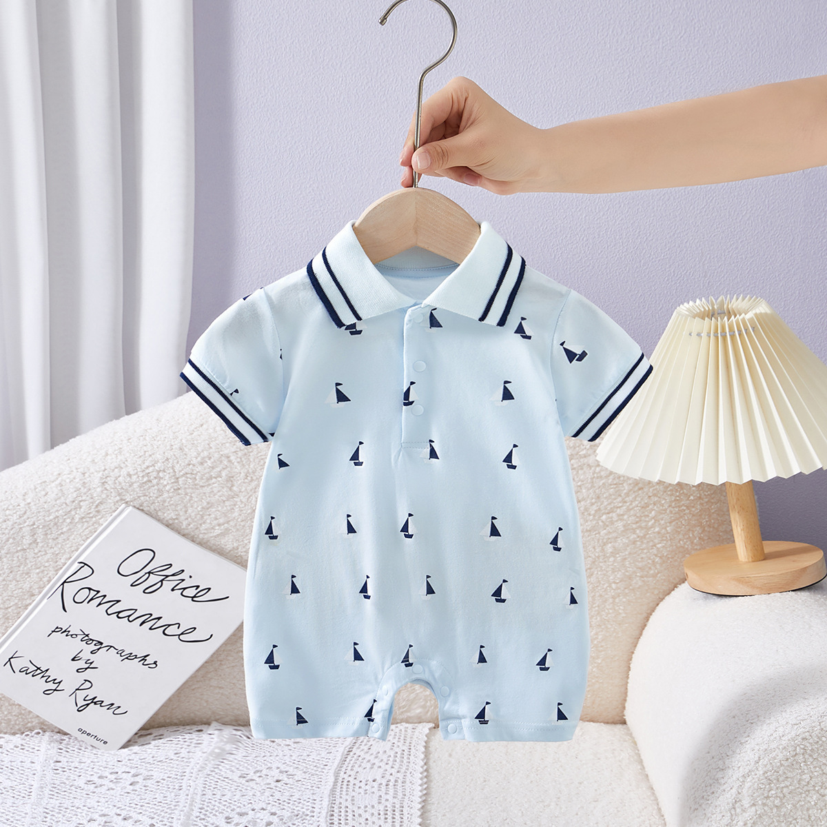 Sailor Collar and Sailboat Print Short-sleeved Baby Romper
