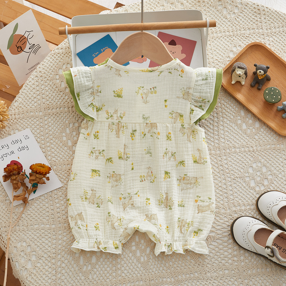 Elephant Print Green Collar and Ruffled Sleeves Baby Romper