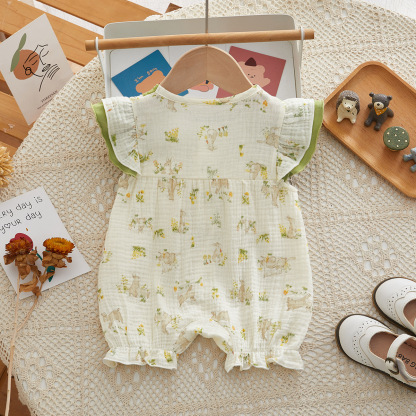 Elephant Print Green Collar and Ruffled Sleeves Baby Romper