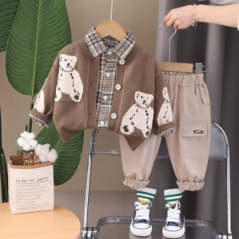 3pcs Toddler Boy Bear Printed Top and Pant Set