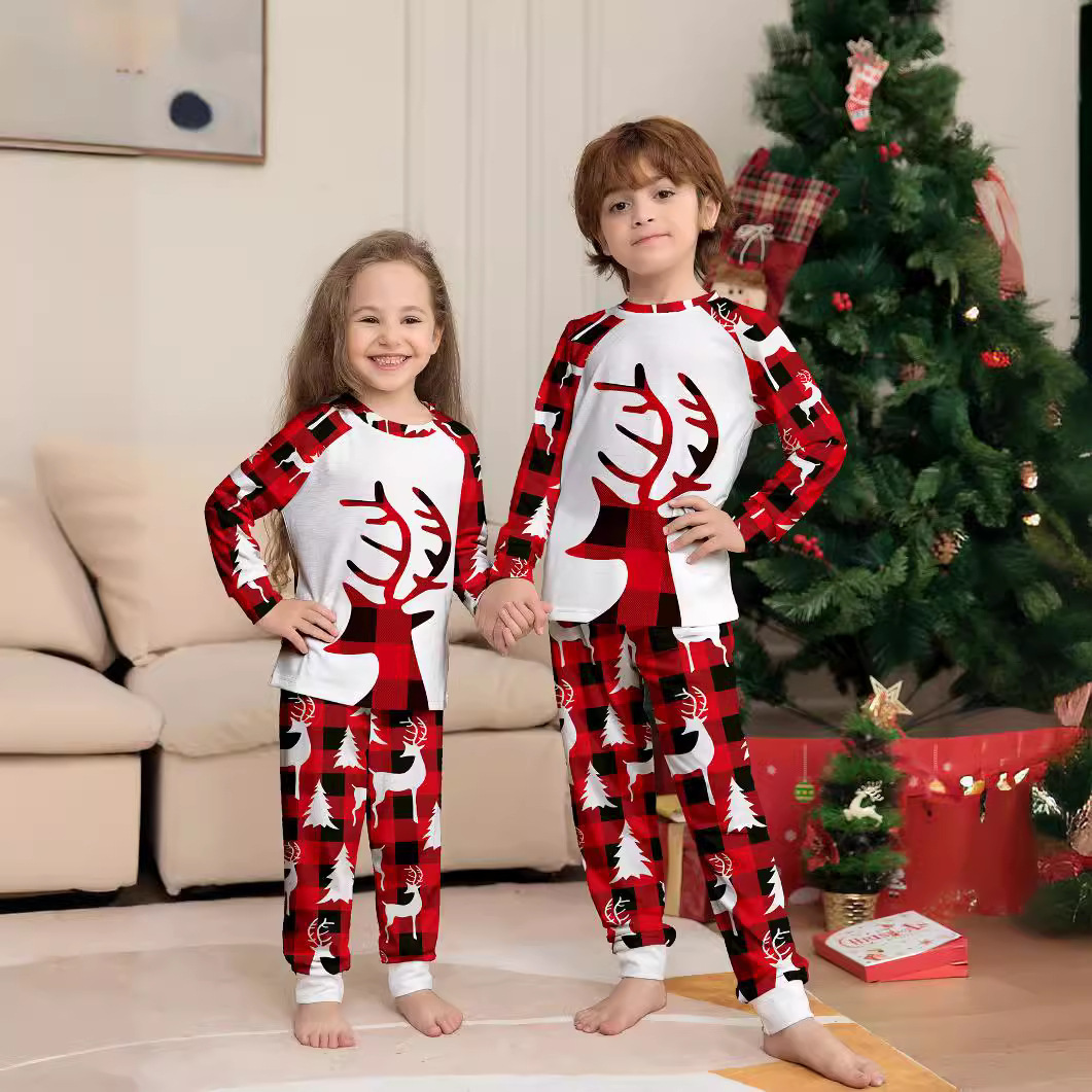 Matching Christmas Pajamas Deer Plaid Long-sleeve Pajamas Sets