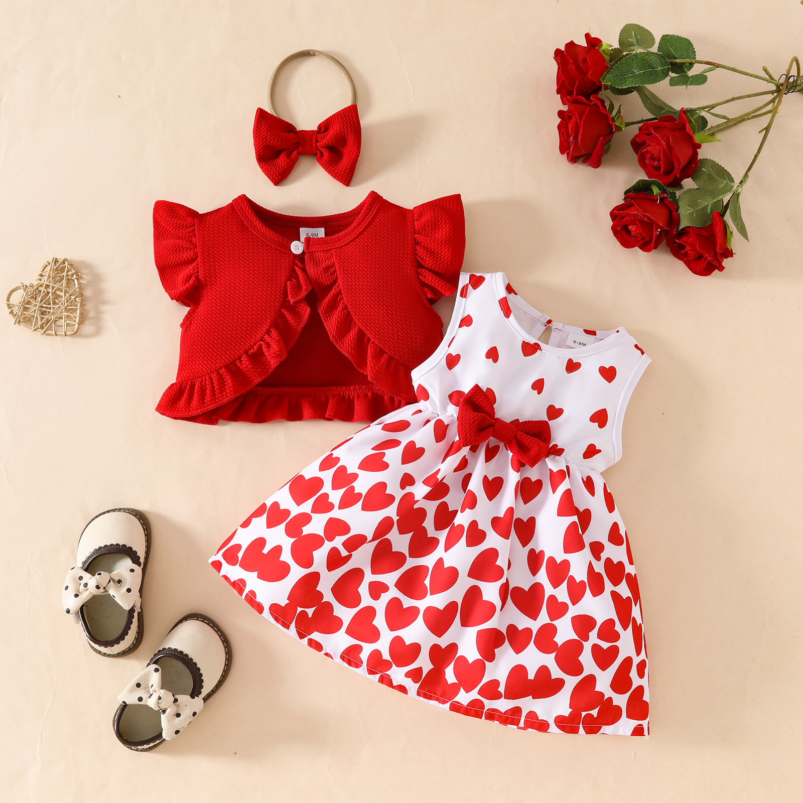 2pcs Baby Girl Ruffled Top Heart Dress Set with Hairband