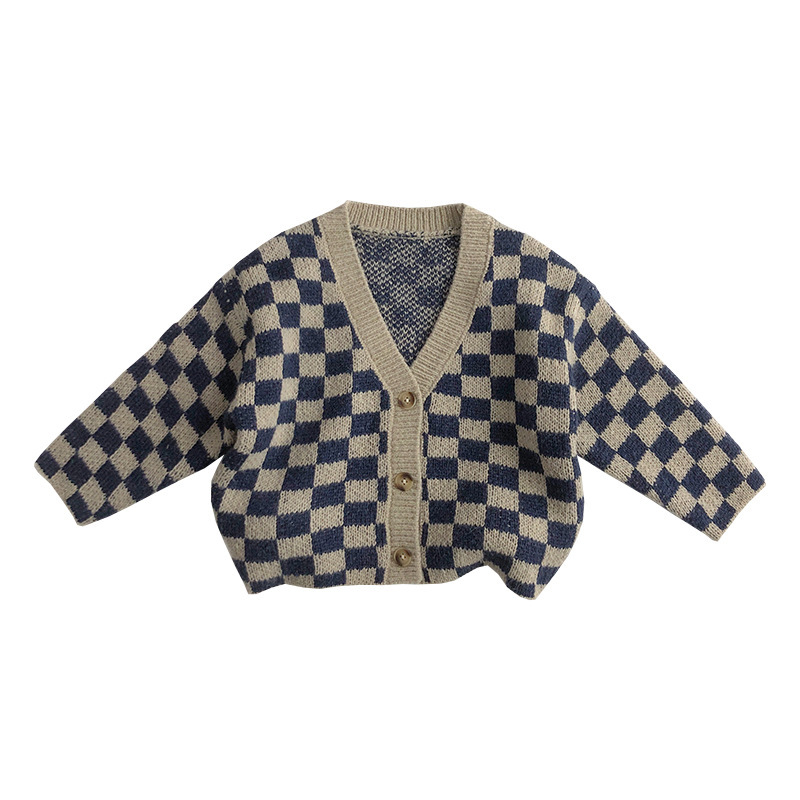 2pcs Baby Checkerboard Cardigan Knit Shorts Set