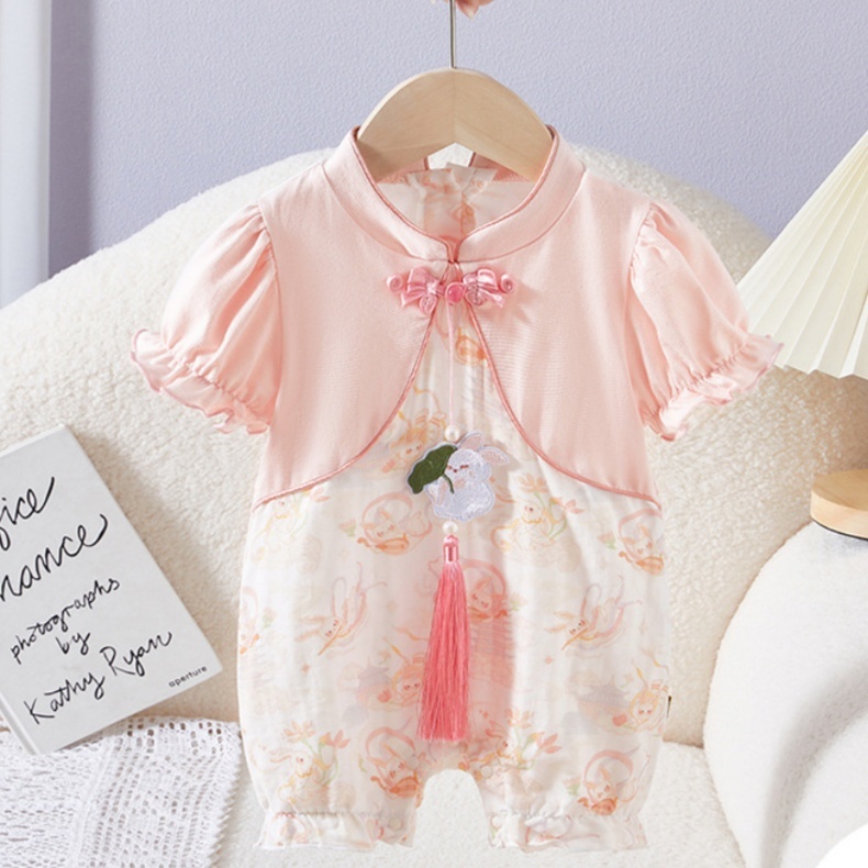 Rabbit Print Ruffled Sleeves and Tassel Decoration Baby Romper