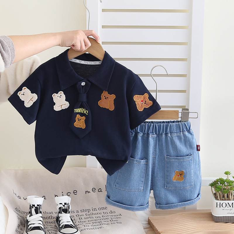 2pcs Bear Embroidery and Tie Detail Denim Shorts Set