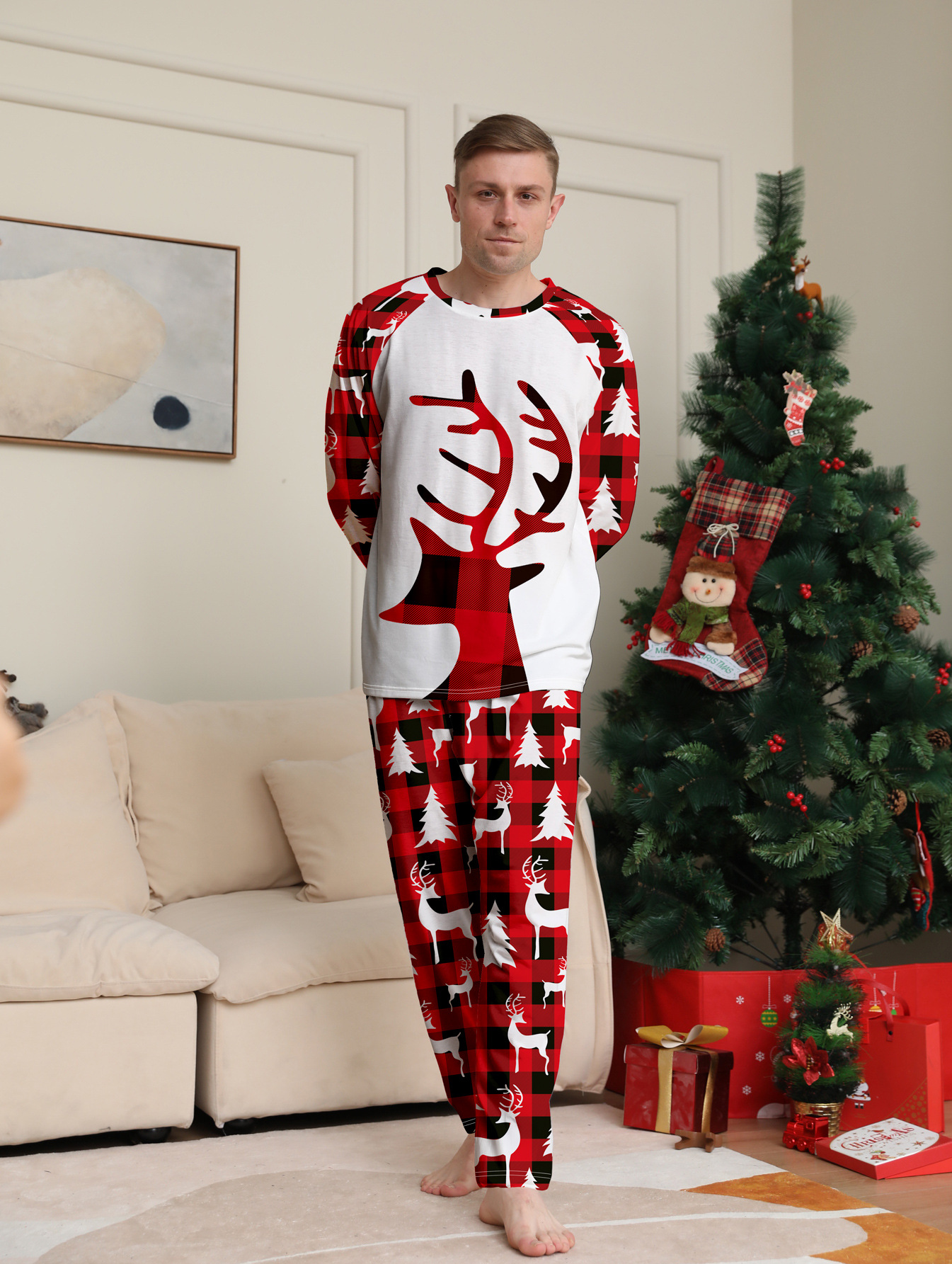 Matching Christmas Pajamas Deer Plaid Long-sleeve Pajamas Sets