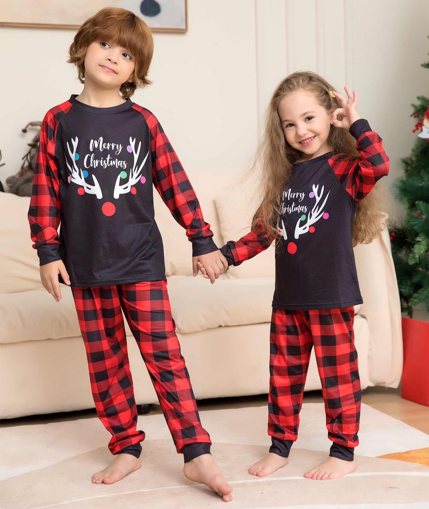 Matching Christmas Pajamas Deer Plaid Long-sleeve Pajamas Sets