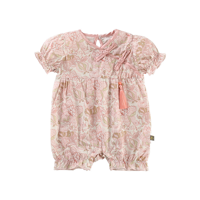 Floral Patterned Puffed Sleeves and Tassel Decoration Baby Romper