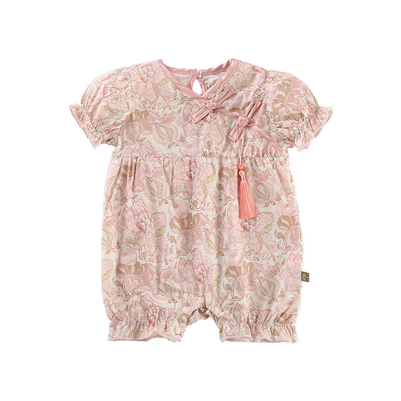 Floral Patterned Puffed Sleeves and Tassel Decoration Baby Romper