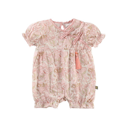 Floral Patterned Puffed Sleeves and Tassel Decoration Baby Romper