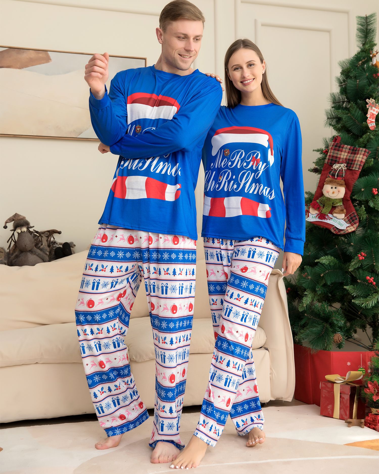 Matching Christmas Pajamas Christmas Hat Letters Long-sleeve Pajamas Sets