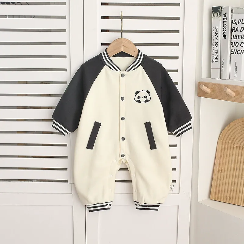 Baby Panda Embroidered Baseball Style Romper