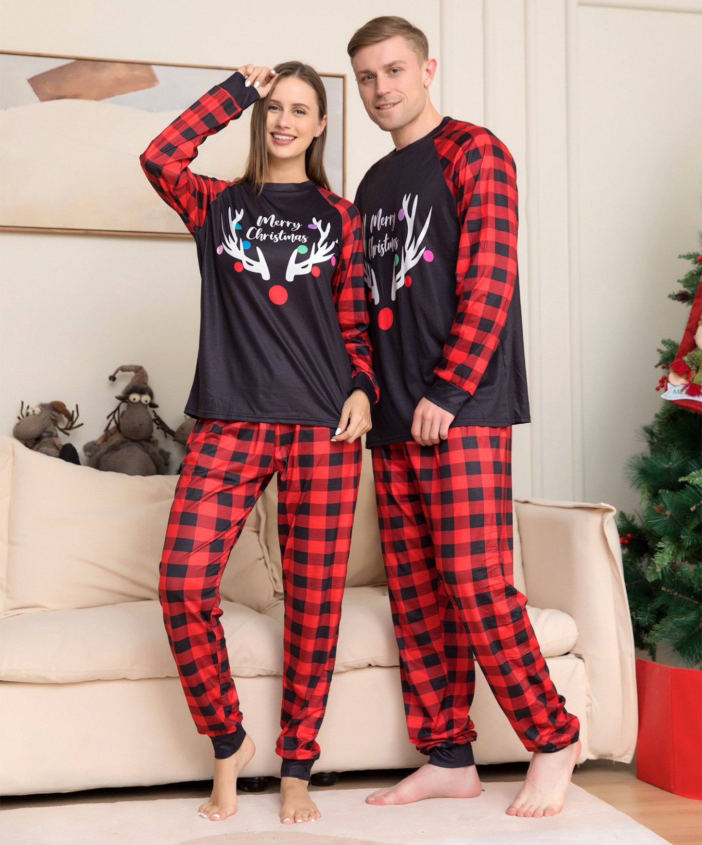 Matching Christmas Pajamas Deer Plaid Long-sleeve Pajamas Sets