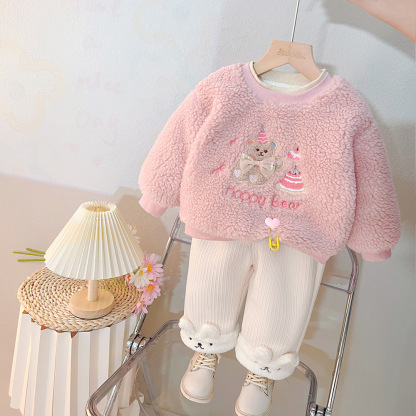 2pcs Toddler Gril Fluff Bear Top and Pant Set