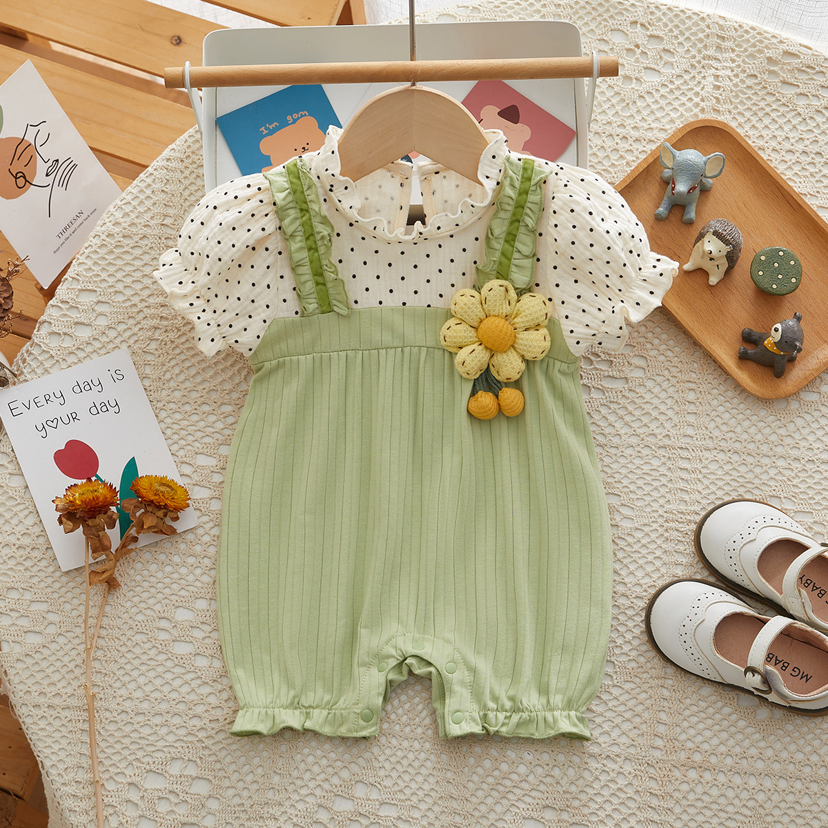 Polka Dot Top Green Suspenders Fake Two-piece Baby Romper