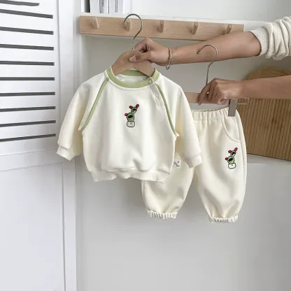 2pcs Green Trim and Cactus Embroidery Toddler Set