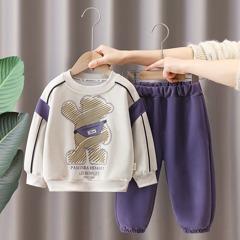 2pcs Toddler Boy Bear Letter Top and Pant Set