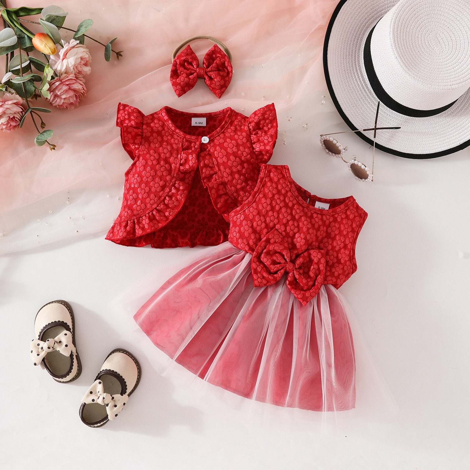 2pcs Baby Girl Red Ruffled Top Bow Mesh Dress Set with Hairband