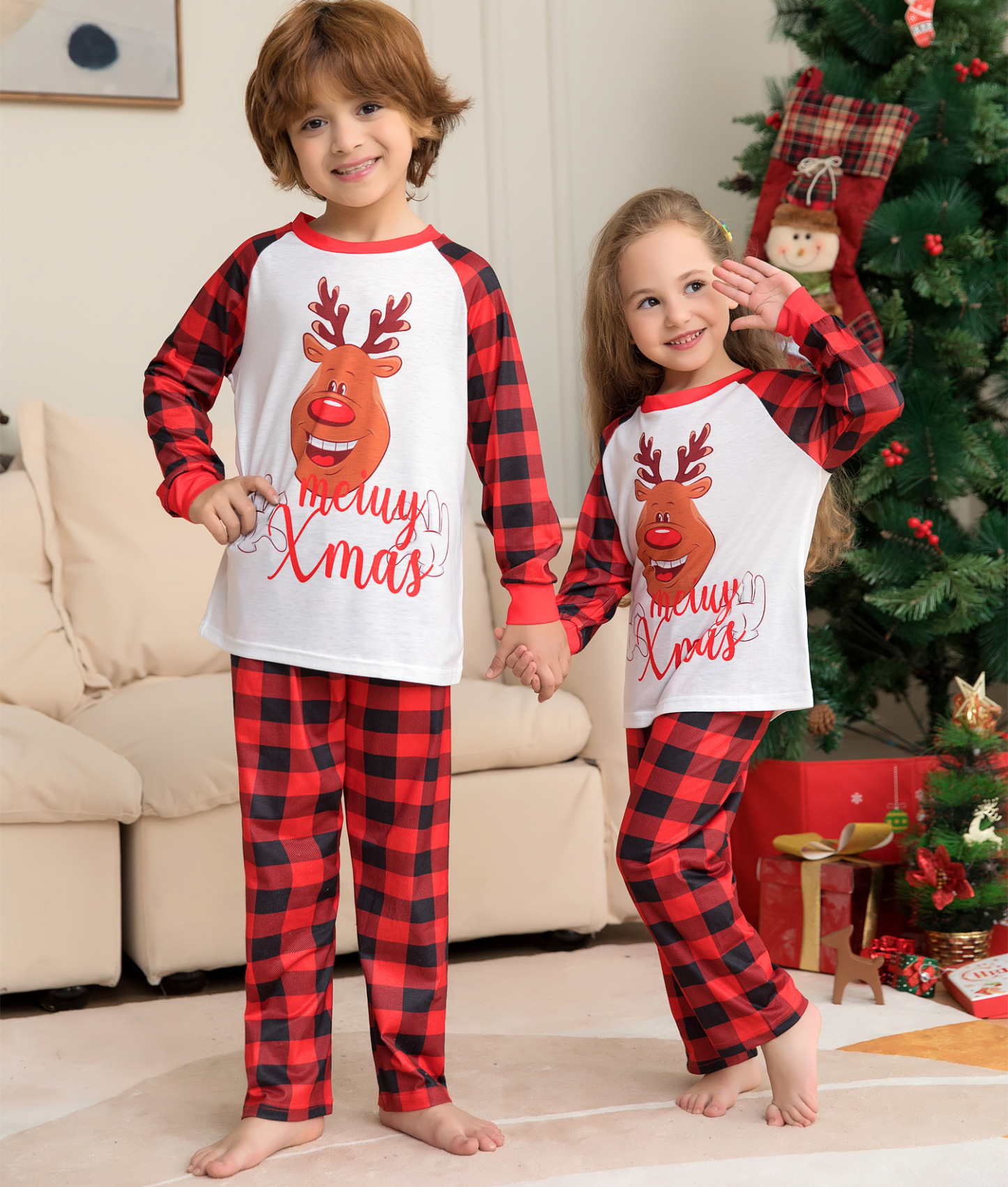 Matching Christmas Pajamas Deer Plaid Long-sleeve Pajamas Sets