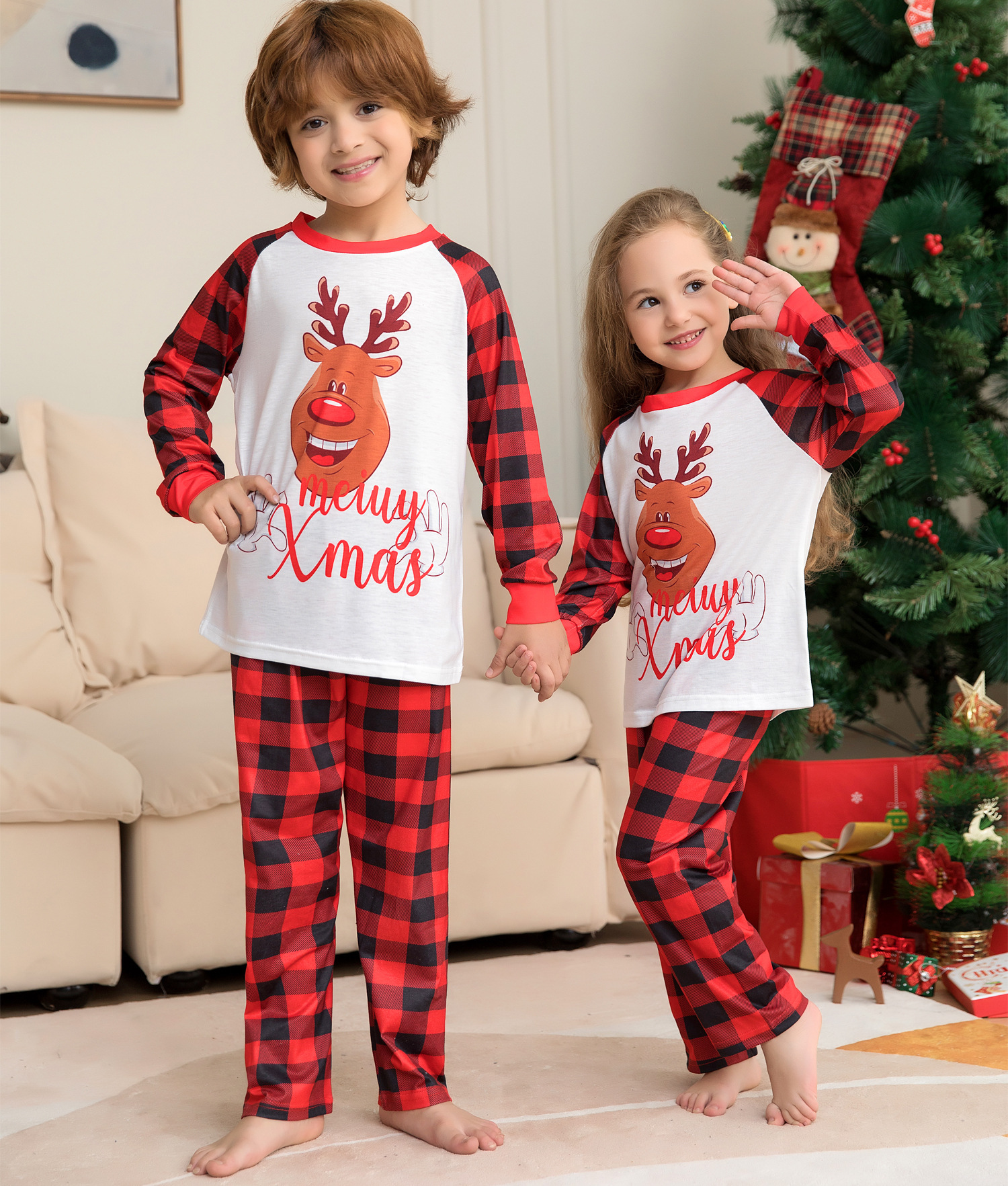 Matching Christmas Pajamas Deer Plaid Long-sleeve Pajamas Sets
